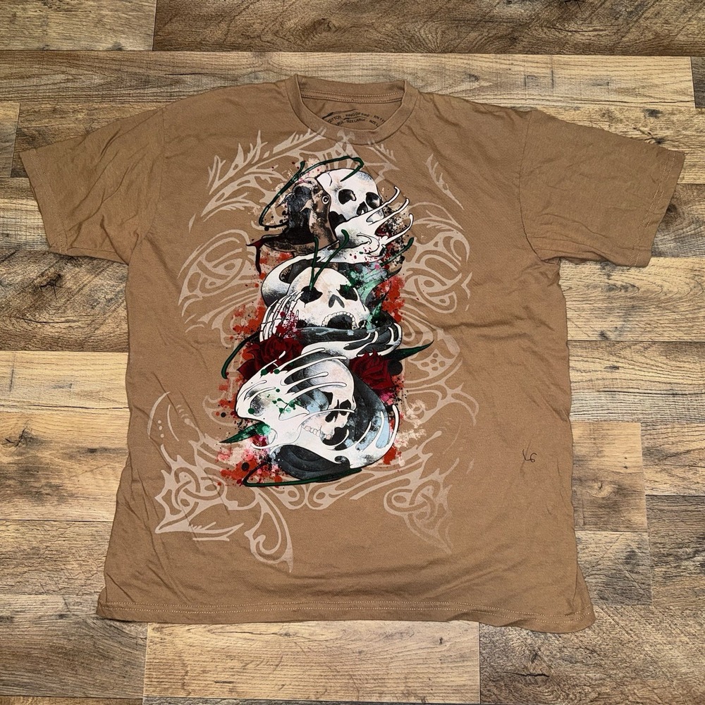 Ring Of Fire Skull Skeleton Graphic T-shirt Women Large Brown Short Sleeve Y2K